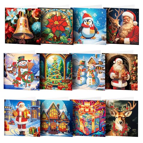 HNLMZ 5D Diamond Painting Weihnachtsgrußkarte,12 Stücke Weihnachtskarte Strass Handwerk Grußkarte,Handgefertigte Weihnachten Grußkarten,Diamant Painting DIY Geschenkkarte für Weihnachtsdeko von HNLMZ