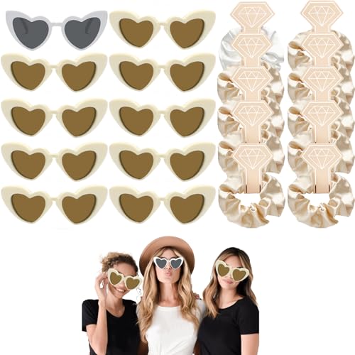 Junggesellenabschied Herz Brille Set,Bride Partybrille Herz Sonnenbrille,10 Stück Junggesellinnenabschied Herzbrillen und 10 Stück Haargummi ,Herzförmige Brille für JGA und Hochzeiten Deko(Beige) von HNLMZ