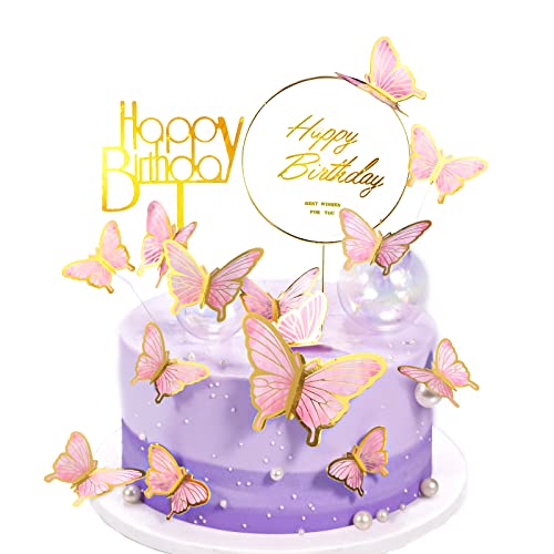 Schmetterlinge Tortendeko,22 Stück Tortendeko Geburtstag Tortendeko Geburtstag Mädchen,Kommt mit 2 Acryl-Kuchenaufsätzen zum Geburtstag für Geburtstagsfeiern,Mädchen(Rosa) von HNLMZ