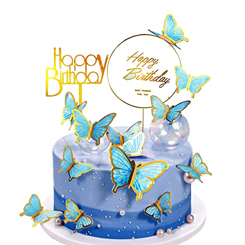 HNLMZ Schmetterlinge Tortendeko,22 Stück Tortendeko Geburtstag Tortendeko Geburtstag Mädchen,Kommt mit 2 Acryl-Kuchenaufsätzen zum Geburtstag für Mädchen, Geburtstagsfeiern(Himmelblau) von HNLMZ