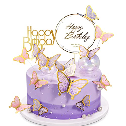 Schmetterlinge Tortendeko,22 Stück Tortendeko Geburtstag Tortendeko Geburtstag Mädchen,Kommt mit 2 Acryl-Kuchenaufsätzen zum Geburtstag für Mädchen, Geburtstagsfeiern(Lila + Rosa) von HNLMZ