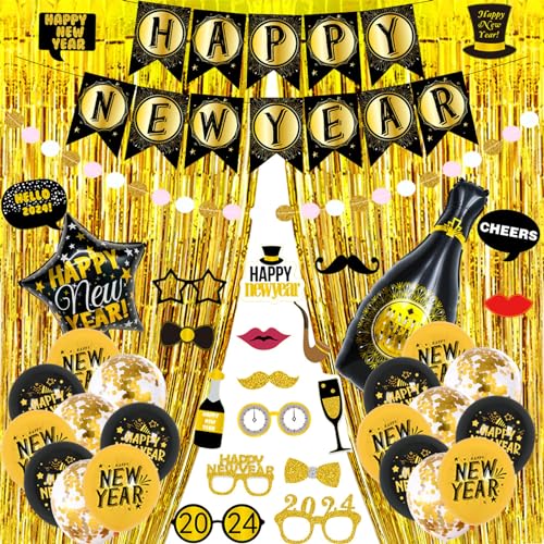 2024 Neujahr Party Dekoration Set Elegant Schwarz Und Thema Ballon Happy New Year Celebration Party Supplies Silvester Party Dekoration von HNsdsvcd