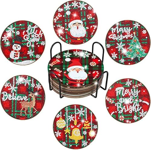 Diamond Painting Untersetzer Mit Halter 6 Stück, Weihnachten DIY Diamantmalerei Coasters, Wintermotiv Diamond Painting Erwachsene Für Erwachsene, Kinder, Anfänger, Bastelbedarf (E) von HOAZIACEHN