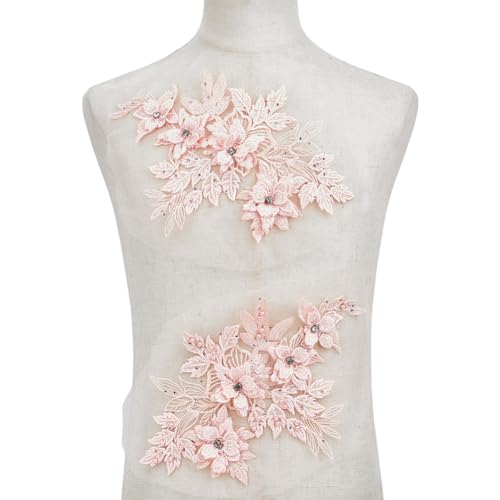 HOBBIESAY 1 Paar 3D-Blumen-Spitzenapplikationen, rosa Polyester, Blumenaufnäher, Perlenstickerei-Applikationen, dekorativer Reparaturflicken für Hochzeitskleid, Kleid, Mieder, Kostüm, Kleidung von HOBBIESAY