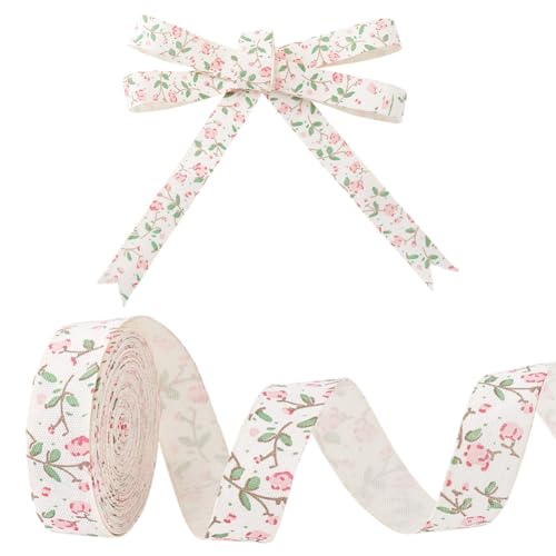 HOBBIESAY 1 x Blumen-Baumwollband, 1,6 cm x 4,9 m, Blumenbänder, Vintage, Rosa, bedrucktes Stoffband, blühendes dekoratives Band, Frühlingsband für Zuhause, Party, Geschenkverpackung, Handwerk von HOBBIESAY