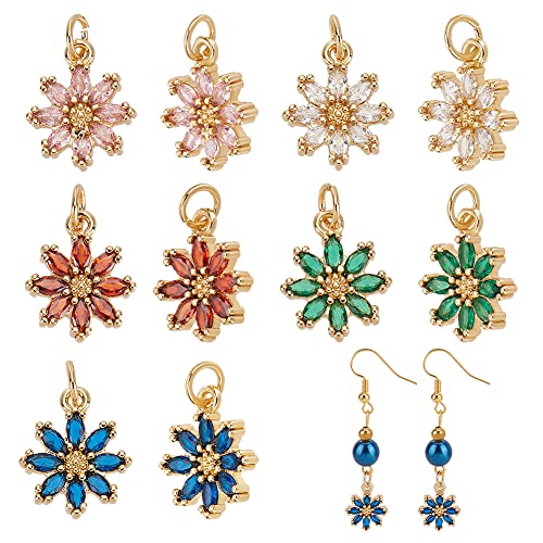 HOBBIESAY 10 Stück 5 Farben Messing Kubischer Zirkonia Blumen Charm Anhänger Künstliche Edelstein Charms Blumenmuster Anhänger Ohrring Charms Gemischte Farbe Baumeln Charms Halsketten Armband von HOBBIESAY