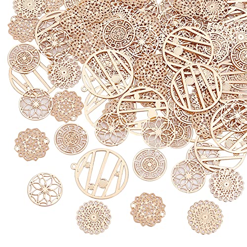 HOBBIESAY 100 Stück 5 Stil Messing Filigrane Verbinder Charms 13 22mm Rund Geätzte Metallverbinder Links Hellgoldene Hohle Anhänger Für DIY Haarnadel Kopfbedeckung Ohrring Halskette Bohrung:1.2mm von HOBBIESAY