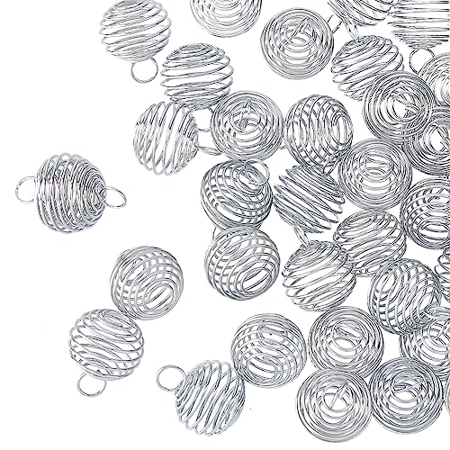 HOBBIESAY 100 Stück Versilberter Käfiganhänger Mit Spiralperlen Hohler Käfig Anhänger Runde Laterne Kristallstein Stütze Amulett Halskette Zur Schmuckherstellung Und Zum Basteln von HOBBIESAY