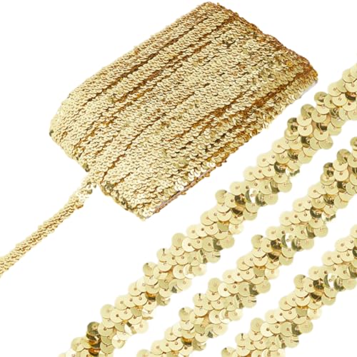 HOBBIESAY 12.5m Flache Goldfarbene Glitzer Paillettenborte 20mm Breit Glitzernder Stoff Paillettenband Glänzend Zum Nähen Paillettenborte Zum Basteln Nähen von Kleidung Heim Und Partydekoration von HOBBIESAY