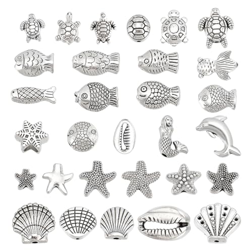 HOBBIESAY 120 Stück 30 Stile Antike Silberfischperlen Tibetischer Stilmeerestierperlen Vintage Ozeantier Abstandshalterperlen Für Armband Halskette Schlüsselanhänger Schmuckherstellung Loch:1.5-2mm von HOBBIESAY