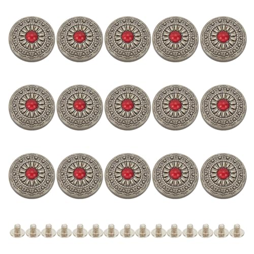 HOBBIESAY 15 Stück 0.47 Zoll Rote Gänseblümchen Dekorationsschnalle Mit Schraubverschluss Runde Conchos Vintage Künstliche Türkis Knöpfe Für Geldbörse Tasche DIY Lederhandwerk Stoffe Zubehör von HOBBIESAY