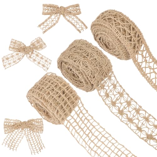 HOBBIESAY 16,4 Meter Netzband aus Jute, rustikales Jute-Netzband, ausgehöhlte Jute-Bordüre, Geschenkbänder für Geschenkverpackungen, Weihnachtsbaumdekoration, 4,1 cm, 4,6 cm, 5,1 cm breit von HOBBIESAY