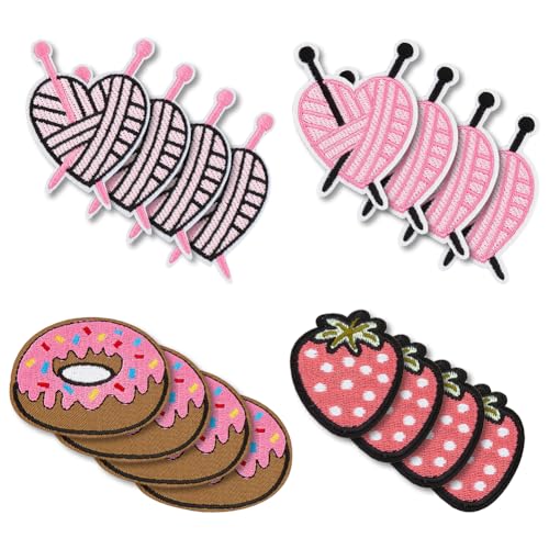 HOBBIESAY 16 Stück 4 Style Food Patch Bestickte Donut-Erdbeer-Herz-Applikation Dekorativer Reparaturflicken Zum Aufnähen Und Aufbügeln Für Kleidung Jeans T-Shirts Hemden Kleider Jacken Hüte von HOBBIESAY