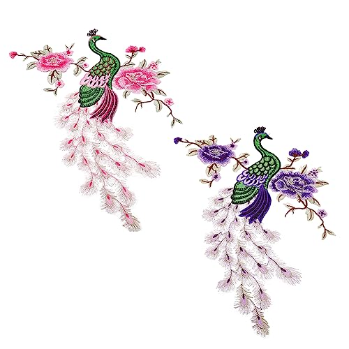 HOBBIESAY 2 Farben Pfau Mit BlumenAufnäher Bestickte Spitze Ausschnitt Applikation Stickerei Spitze Vögel Applikation Für DIYKostümdekoration Bekleidungszubehör von HOBBIESAY