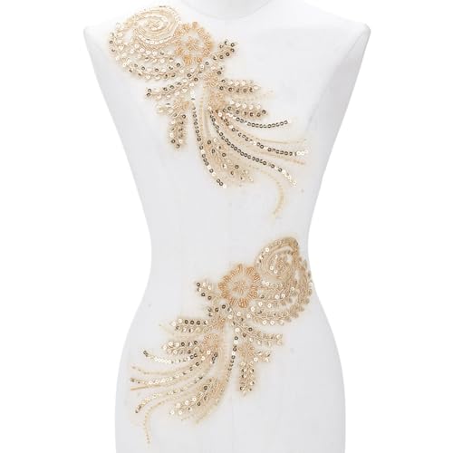 HOBBIESAY 2 Stück Gold Stickerei Pailletten Applikation Spitzenstoff Applikationen Nähen Basteln Dekoration Applikationen Polyester Reparaturflicken Für Hochzeitskleid Kleid Mieder Kostüm Kleidung von HOBBIESAY