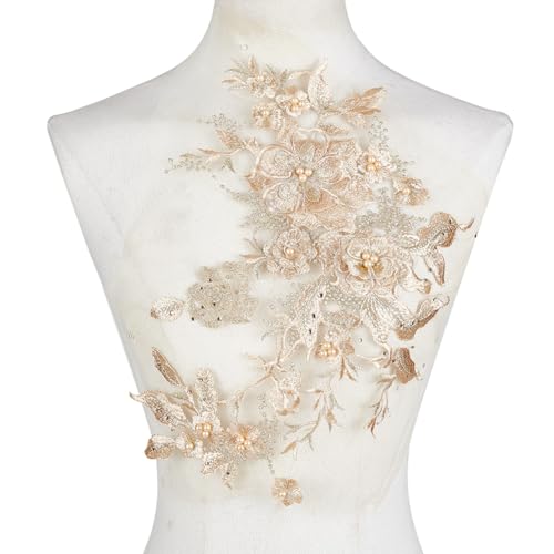HOBBIESAY 2 Stück Hellgoldene Blumen Spitzen Applikationen 3D Blumenstickerei Applikationen Perlen Blumenaufnäher Zum Aufnähen Für Frauen Hochzeitskleid Kleid Mieder Kostüm Kleidung Basteln DIY von HOBBIESAY