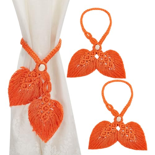 HOBBIESAY 2 Stück Verstellbare Natürliche Holzperlen Vorhang Raffhalter Doppelte Blätter Gardinenhalter Orangefarbene Boho Vorhang Raffhalter Handgestrickte Baumwoll Vorhanghalter von HOBBIESAY