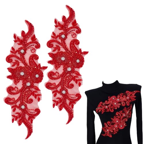 HOBBIESAY 2 rote Blumen-Spitzenaufnäher, 3D-Perlen-Paillettenapplikationen, zum Aufnähen, Stickerei, Blumenaufnäher, Strass, Perlen, Blumenapplikationen, dekoratives Aufnäher, Zubehör für HOBBIESAY 2 rote Blumen-Spitzenaufnäher, 3D-Perlen-Paillettenapplikationen, zum Aufnähen, Stickerei, Blumenaufnäher, Strass, Perlen, Blumenapplikationen, dekoratives Aufnäher, Zubehör für von HOBBIESAY