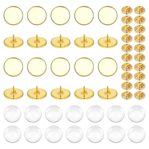 HOBBIESAY 20 Set Foto Anstecknadel Echte 18 Karat Vergoldete Foto Brosche Flache Runde Broschennadel Mit Glas Cabochons Messing Broschen Lünettenschalen DIY Broschen Bastelsets Für Die DIY von HOBBIESAY