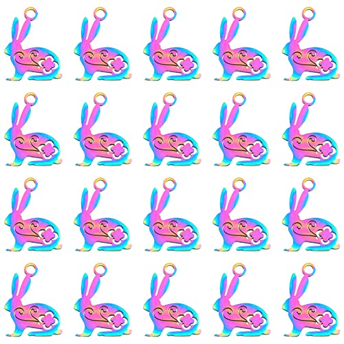 HOBBIESAY 20 Stück 201 Hasen-Charms Aus Edelstahl, 16x12 mm, Regenbogenfarben, Hasen-Charms, Tier-Osterhasen-Anhänger Für Die Herstellung von Osterketten, Brecelet-Ohrringen, Bohrung: 1.5 mm von HOBBIESAY