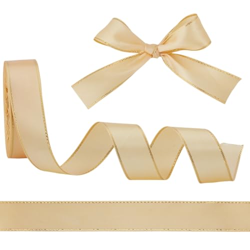 HOBBIESAY 22m Satinband Mit Goldkanten Blasses Goldruten Polyesterband Stoffbänder Mit Goldrand Bänder Mit Doppeltem Goldrand Für Geschenkverpackungen Hochzeitsschleifen Blumensträuße von HOBBIESAY