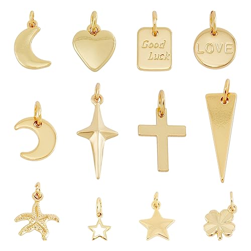 HOBBIESAY 24 Stück 12 Stile HerzDreieck Charms Echte 18K Vergoldete Anhänger Charms Mit Biegeringen Kreuz Mond Kleeblatt Kreis Pentagramm Liebe Messing Baumelnde Charms HOBBIESAY 24 Stück 12 Stile HerzDreieck Charms Echte 18K Vergoldete Anhänger Charms Mit Biegeringen Kreuz Mond Kleeblatt Kreis Pentagramm Liebe Messing Baumelnde Charms von HOBBIESAY
