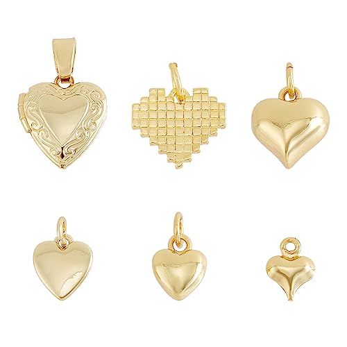 HOBBIESAY 24 Stück 6 Stile Herz Charms Echte 18K Vergoldete Anhänger Charms Mit Biegeringen 3D Liebesförmige Messing Charms Zum Selbermachen von Halsketten Armbändern von HOBBIESAY