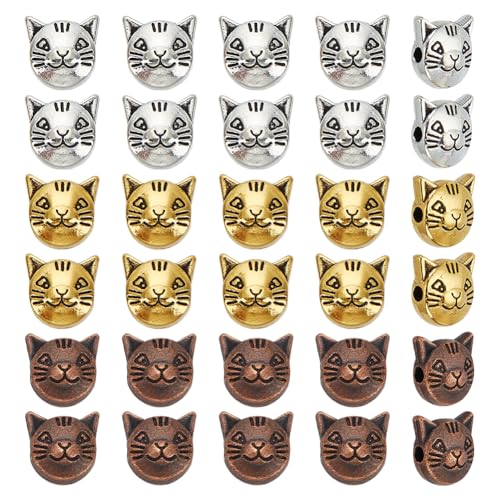 HOBBIESAY 3 Farbe 30 Stück Katzen Abstandshalter Perlen 8mm Metall Katzenkopf Perlen Tier Charm Perlen Tibetische Kätzchen Loose Perlen Verbindungsperlen Zur Schmuckherstellung Bohrung:2mm von HOBBIESAY