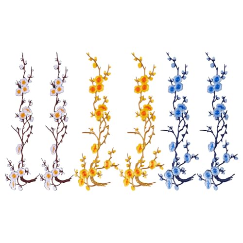 HOBBIESAY 3 Farbe 6 Stück Lange Pflaumenblüten Aufnäher Zum Aufbügeln Pflaumenblüten Blumen Stickerei Aufnäher Zum Aufnähen von Blumen Applikationen Für Hochzeitskleid Abendkleid Kleidung Tasche von HOBBIESAY