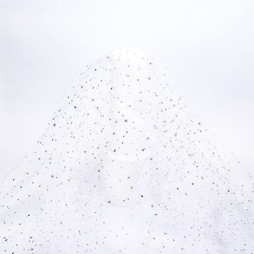 HOBBIESAY 3 Yard (2.74 m) Tüll Glitzerstoff Pailletten Tüllstoff Durchsichtiger Glänzender Netzstoff Stern Mond Glitzerstoff Weiß Für Brautkleider Heim Hochzeitsdekorationen Nähen Basteln von HOBBIESAY