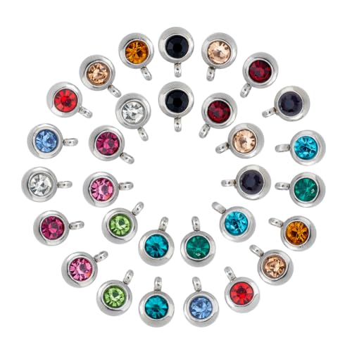 HOBBIESAY 30 Stück 15 Farben Edelstahl Strass Anhänger Rund Trendige Original Strass Charms Glänzende Kristall Anhänger Für Schmuckherstellung Handgefertigt DIY Armband Ohrringe Basteln 2mm von HOBBIESAY