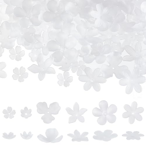HOBBIESAY 300 Stück 6 Stile 6 Blütenblatt Blumen Abstandsperlenkappen Mattierte Acrylperlen Endkappen Frische Weiße Blumenperlenkappen Schmuckherstellung Anhängerkappen Für Ohrringe Halsketten von HOBBIESAY