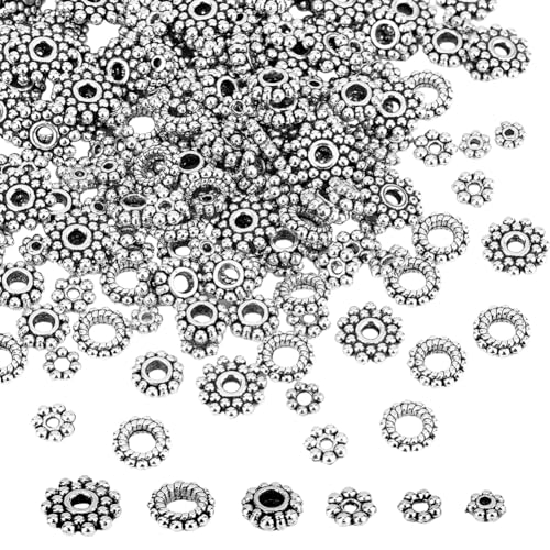 HOBBIESAY 300 Stück 6 Stile Tibetische Legierung Abstandsperlen Antiksilber Perlen Endkappen Schneeflocke Gänseblümchen Metallschmuck Rondelle Zahnrad Doppelkegel Lose Perlen Halskettenherstellung von HOBBIESAY