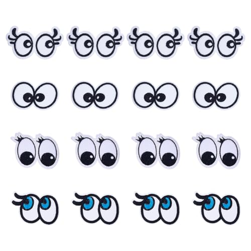 HOBBIESAY 32 Stück 4 Stile Schwarz Weiße Augen Aufnäher Bestickter Aufnäher Cartoon Augen Runde Applikationen Zum Aufnähen Dekorativer Reparaturflicken Für DIY Kleidung Jacken Westen Bastelarbeiten von HOBBIESAY
