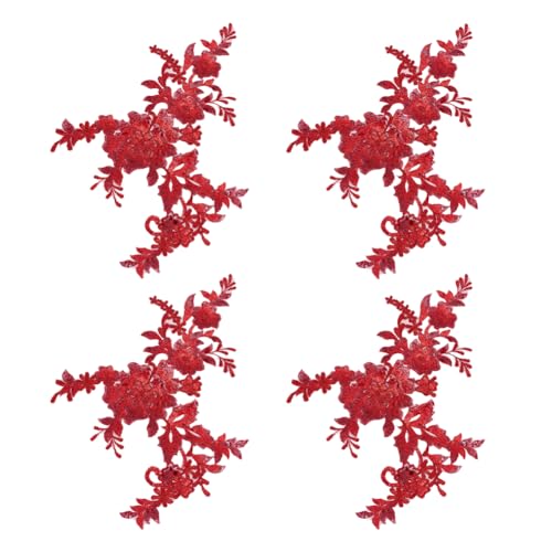HOBBIESAY 4 Stück Stickerei Pailletten Spitzen Applikation Rote Blumen Applikationen Nähen Florale Stoffflicken Dekorative Reparaturflicken Für Hochzeitskleid Kleid Mieder Kostüm Kleidung Basteln von HOBBIESAY