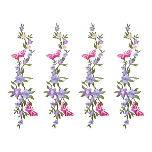 HOBBIESAY 4 x Blumen- und Schmetterlingsaufnäher, bestickt, dekorative Glyzinien-Applikationen mit tiefrosa Schmetterling, zum Aufbügeln, lange florale Flicken für Stofftaschen, Hosen, DIY-Dekoration von HOBBIESAY