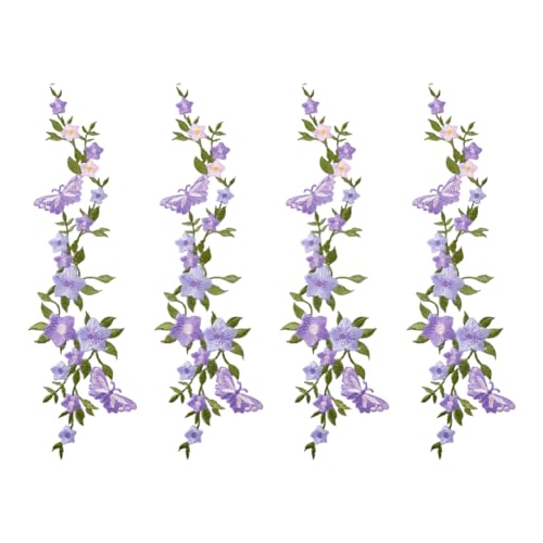 HOBBIESAY 4 x bestickte Schmetterlingsflicken zum Aufbügeln, lange violette Blumenaufnäher, dekorative Glyzinien-Applikationen für Stoff, Kleid, Tasche, Hosen, Bastelarbeiten, Dekoration, 8,9 x 27,7 von HOBBIESAY