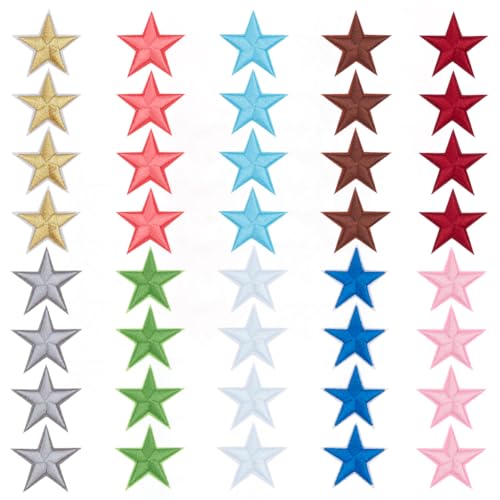 HOBBIESAY 40 Stück Stern-Applikationen in 10 Farben, bunte Sternabzeichen, bestickt, zum Aufbügeln oder Aufnähen, Applikationen für Kleidung, Jacken, Hüte, Bastelarbeiten, Dekorationen von HOBBIESAY