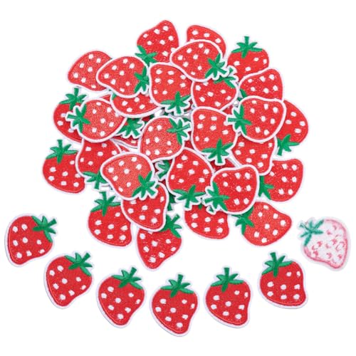 HOBBIESAY 40 Stück niedliche Erdbeer-Flicken zum Aufbügeln oder Aufnähen, Erdbeer-Stickerei-Applikationen, 3,3 x 4,3 cm, Mini-Obst-Reparaturflicken für Kleidung, Hüte, Taschen, DIY Handwerk von HOBBIESAY