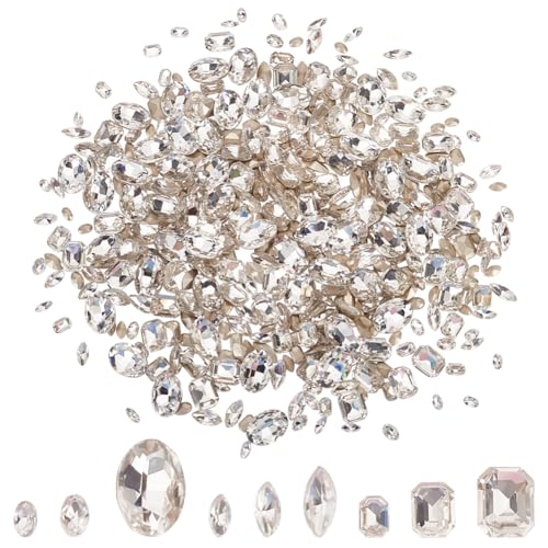 HOBBIESAY 450 Stück 9 Stile Pferdeaugen Glas Strass Cabochons Rechteckig Oval Transparent Glitzernde Edelsteine Versilberte Rückseite Kristall Cabochons Kristallglas Strasssteine Edelsteine von HOBBIESAY