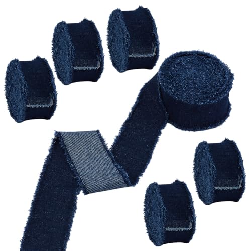 HOBBIESAY 6 Rolle 1.57" x 10.2 Yards Denim Blaues Band Polyester Fransenband 4cm Breit Vintage Rustikale Bänder Jeansstoffbänder Zum Verpacken von Geschenken Haarnähzubehör Urlaubsdekor von HOBBIESAY