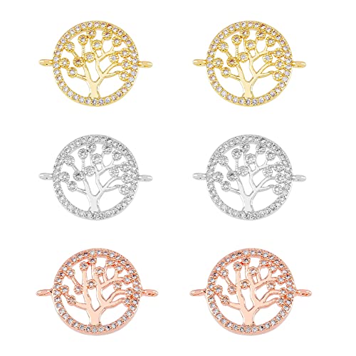 HOBBIESAY 6 Stück 3 Farben Messing Baum des Lebens Glieder Flache Runde Verbindungsstücke Roségold Platin Goldener Anhänger Mikropavé Zirkonia Glieder Zubehör Für Basteln Loch 1mm von HOBBIESAY