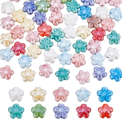 HOBBIESAY 60 Stück Porzellan-Blumenperlen, Blumenform, zufällige Handarbeit, niedliche Blumen-Perlen, bunte Abstandshalter für Armband, Halskette, Schmuckherstellung, Loch: 1,6 mm von HOBBIESAY