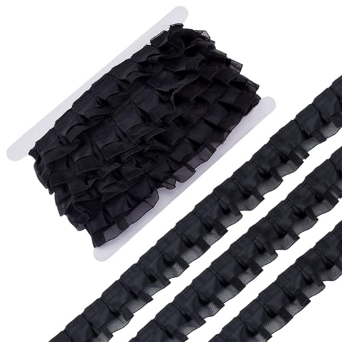 HOBBIESAY 7,5 Meter 2-lagige Rüschenborte Gothic Plissee Spitzenband Lolita Rock Einfassung Zubehör Schwarz Satin Organza Rand Trim zum Nähen DIY Handwerk Schneidern Kostüm Dekoration Cosplay von HOBBIESAY