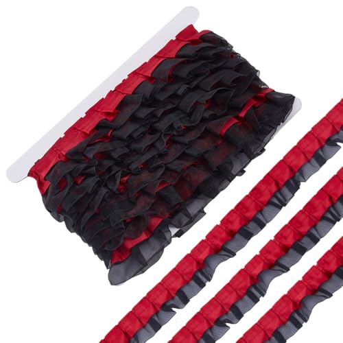 HOBBIESAY 7,5 Meter 2-lagige Rüschenborte schwarz rot Satin Organza Rand Trim Gothic Spitzenband Lolita Rock Einfassung Zubehör zum Nähen DIY Handwerk Schneidern Kostüm Dekoration Cosplay von HOBBIESAY