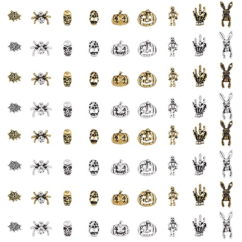HOBBIESAY 72 Stück Halloween Nagel Legierungspflege Dekoration 18 Stile Kaninchen Totenkopf Kürbisnetz Skelett Hand Vintage Punk Nagel Gold Und Silber Für Maniküre Bastel Nagel Dekoration von HOBBIESAY