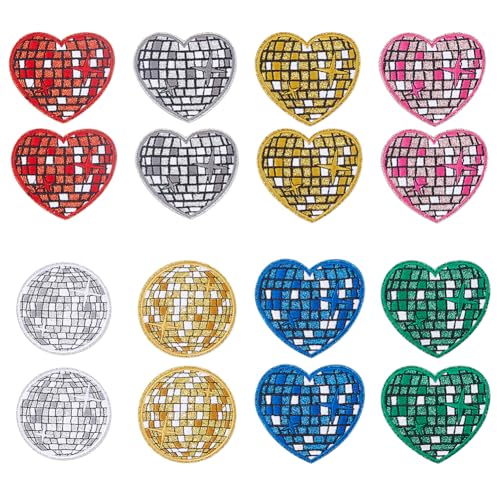 HOBBIESAY 8 Stil 16 Stück Aufnäher Zum Aufbügeln In Form Einer Discokugel Mit Herzmotiv Musikparty Bling Ball Aufnäher Bling Disco Stickerei Applikationen Für Rucksäcke Hüte Kleidung Jacken Nähen von HOBBIESAY