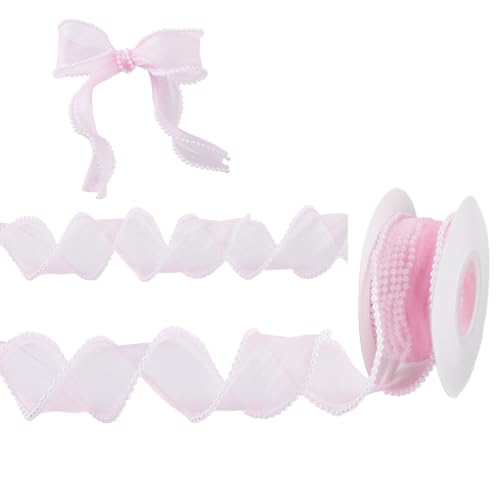HOBBIESAY 9,1 m 2 Rollen Netz-Spitzenband mit Perlenrand, Spitzenborte, rosa, 4,9 cm breit, durchscheinendes Organzabänder, dekorativ, besticktes Band für Korsagen, Hochzeit, Nähen, Basteln, Zubehör von HOBBIESAY