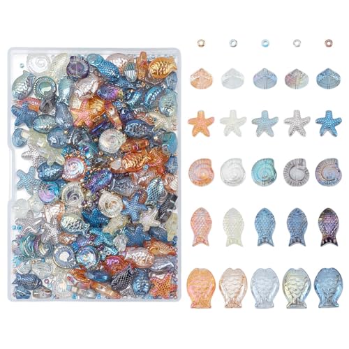 HOBBIESAY 900Stück Glasperlen Mit Ozean Motiv Verschiedene Glasperlen Im Meeres Stil Kleine Perlen Zum Basteln Seestern Muschel Fisch Perle Für Frauen DIY Armband Halskette Schmuckherstellung Basteln von HOBBIESAY