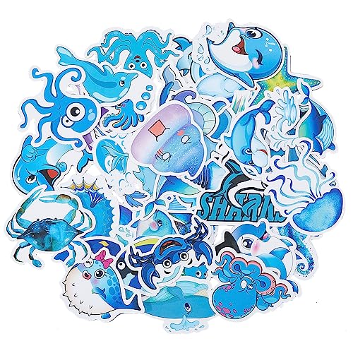 HOBBIESAY 98 Stück Meerestier Aufkleber Vinyl Wasserdicht Blau Cartoon Aufkleber Hai Schildkröte Qualle Krake Wal Seestern Für Die Skateboard Dekoration von HOBBIESAY